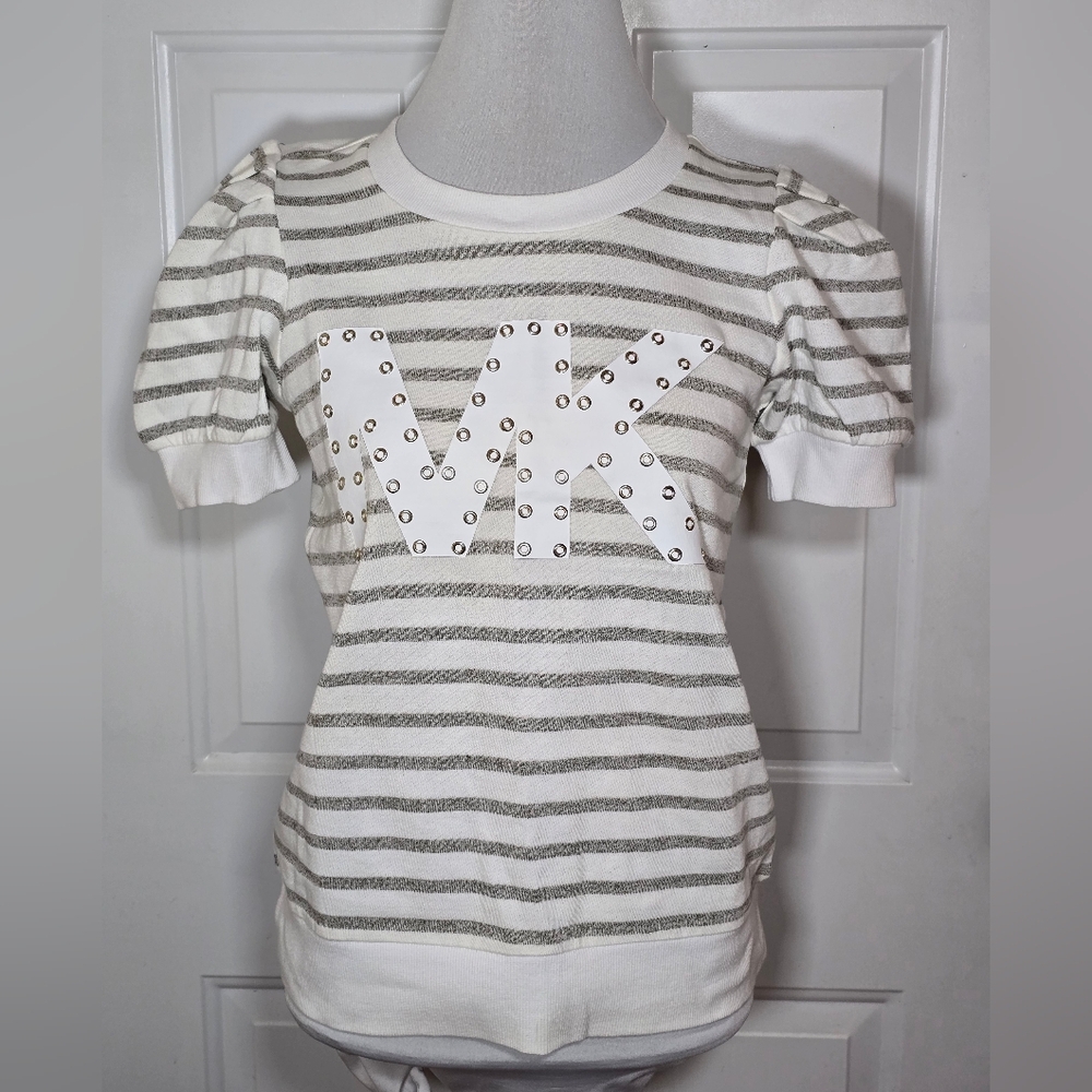 Michael Kors White and Gray Striped Short Sleeve Top Small